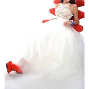 NEW PRECIOUS FORMALS beaded illusion formal ball gown in white/white